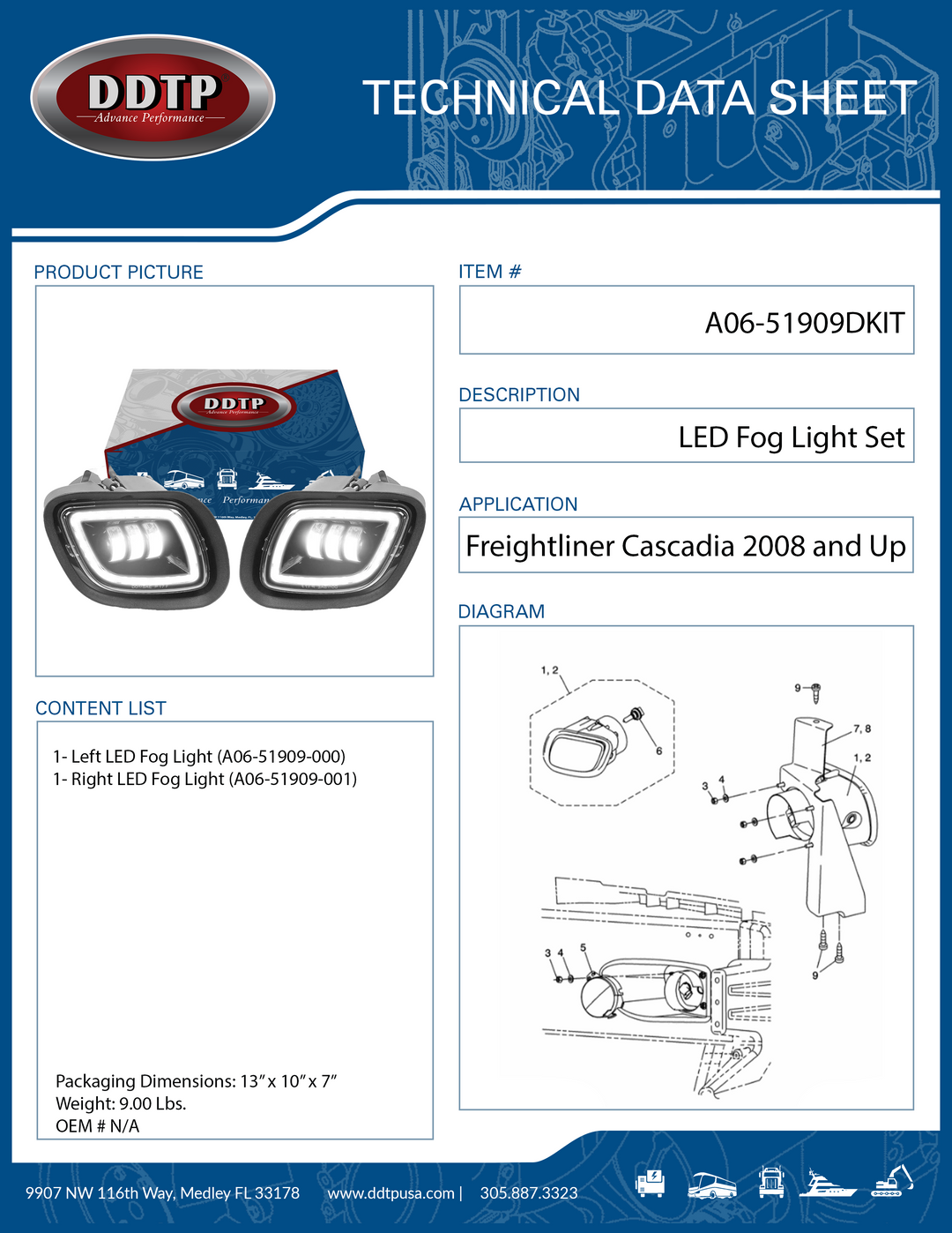 LED Fog Light Set Left & Right Freightliner Cascadia 2008 and Up (A06-51909-000 & A06-51909-001)