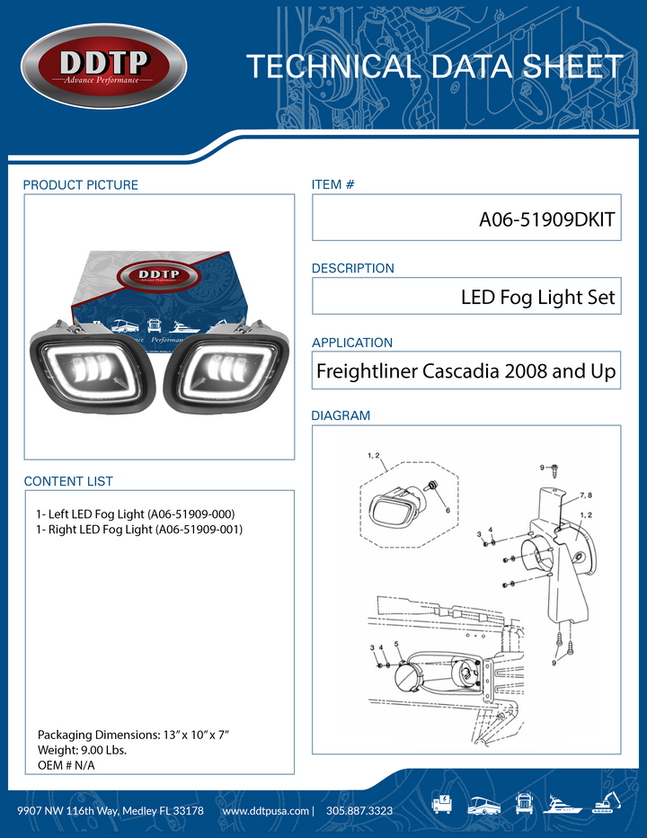 LED Fog Light Set Left & Right Freightliner Cascadia 2008 and Up (A06-51909-000 & A06-51909-001)