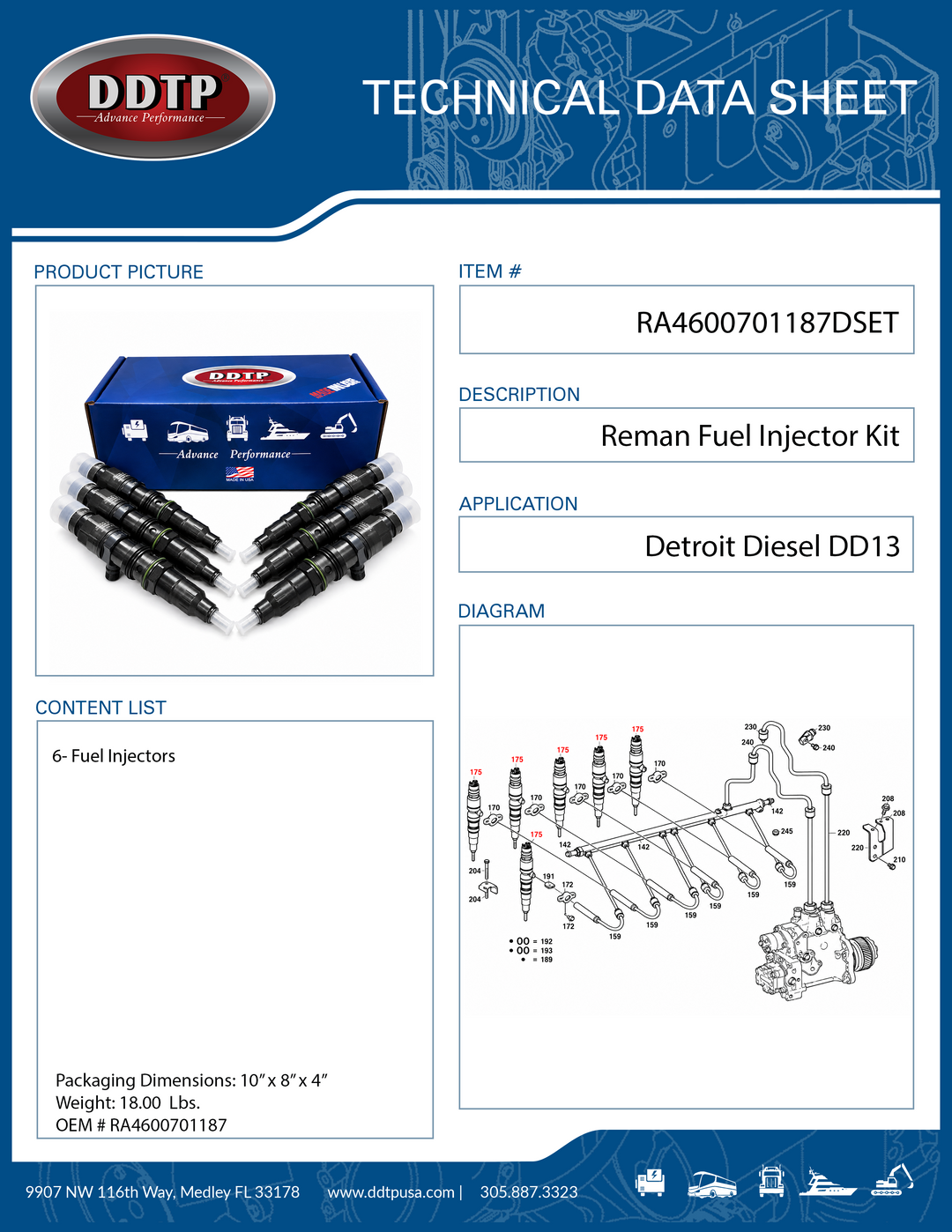 Set of 6 Fuel Injector for Detroit Diesel DD13 12.8L (2010-2015)