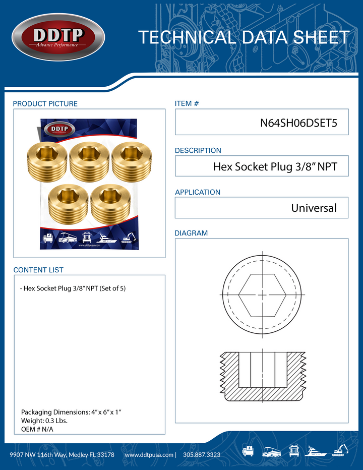 Tapón hexagonal de 3/8" NPT (juego de 5)