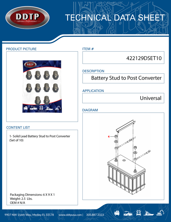 Solid Lead Battery Stud to Post Converter Set of 10 ( 422129DSET10 )