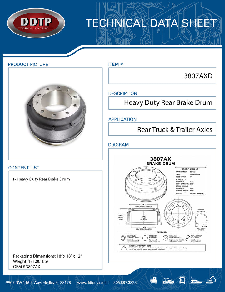 Heavy Duty Brake Drum | 10-Hole Wheel End Brake Drum | Commercial Truck & Trailer Application (3807AX)