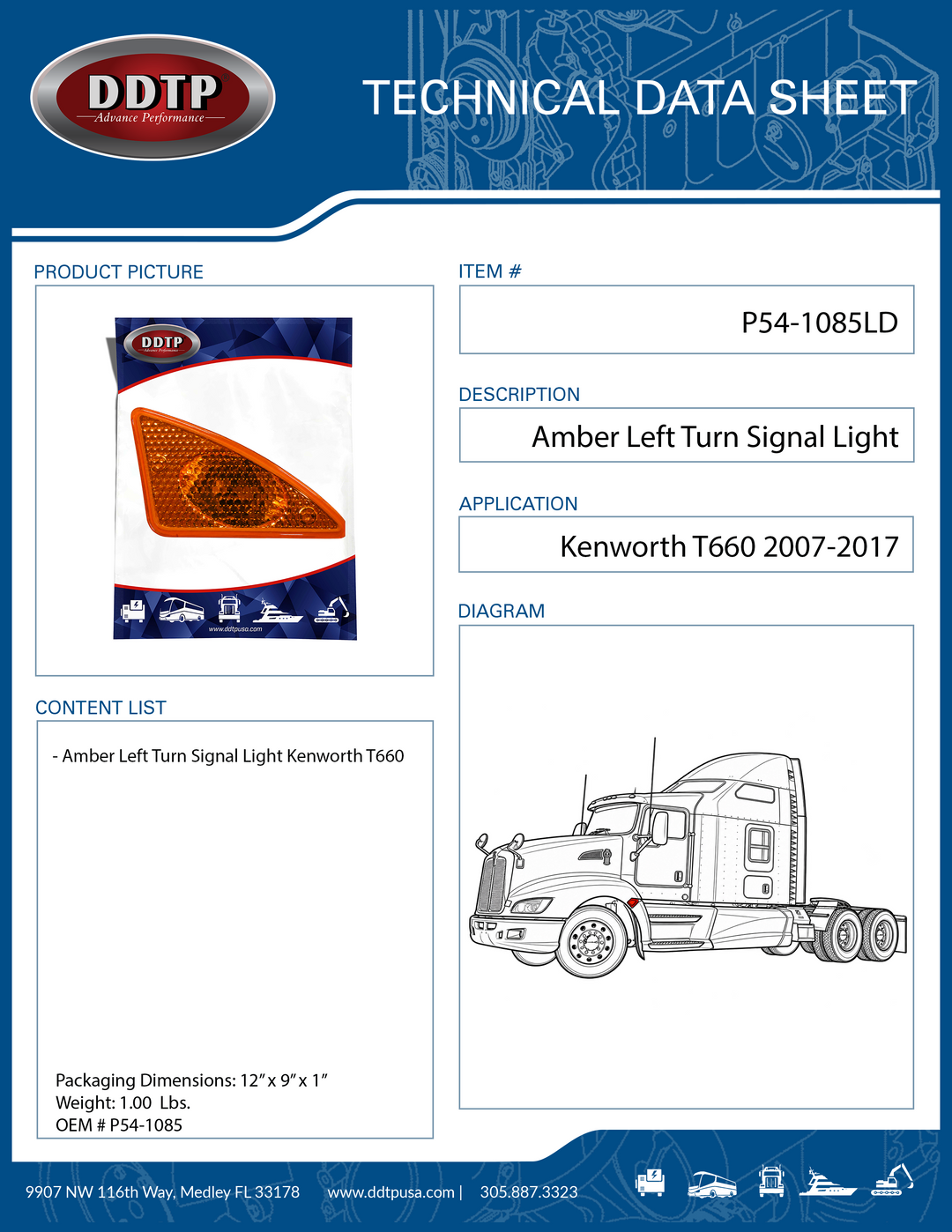 Amber Left Turn Signal Light Housing for Kenworth T660 2007-2017