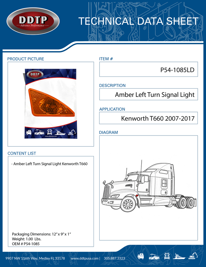 Amber Left Turn Signal Light Housing for Kenworth T660 2007-2017