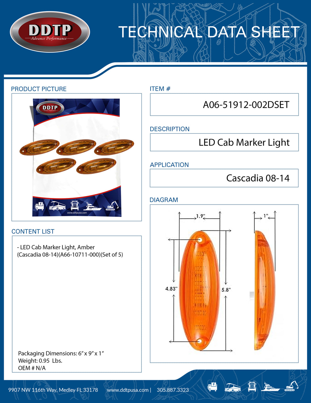 Amber LED Cab Marker Light (Cascadia 08-14)(A66-10711-000) (Set of 5)