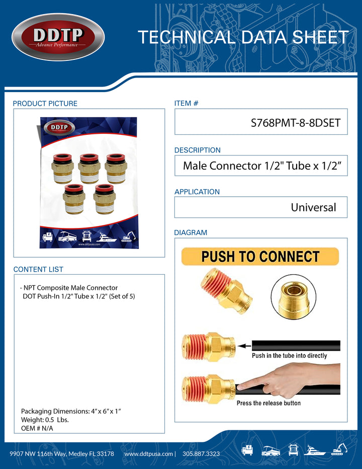 NPT Composite Male Connector DOT Push In 1/2" Tube x 1/2" (Set of 5)