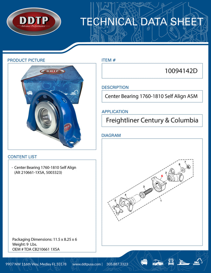 Center Bearing 1760-1810 Self Align Alt 210661-1XSA, 5003323 ( TDA CB210661 1XSA )