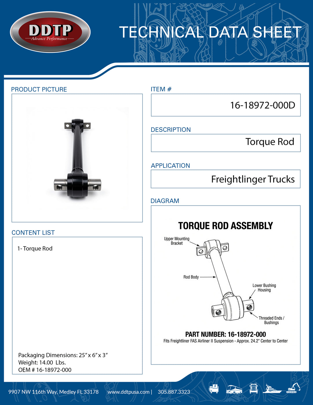 Heavy Duty Torque Rod for Freightliner | 24.21" Center-to-Center (16-18972-000)