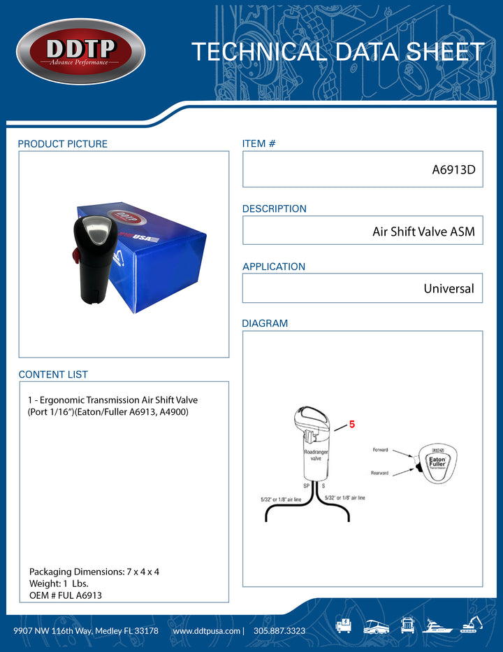 Ergonomic Transmission Air Shift Valve Port 1/16" Eaton/Fuller A6913, A4900 ( FUL A6913 )