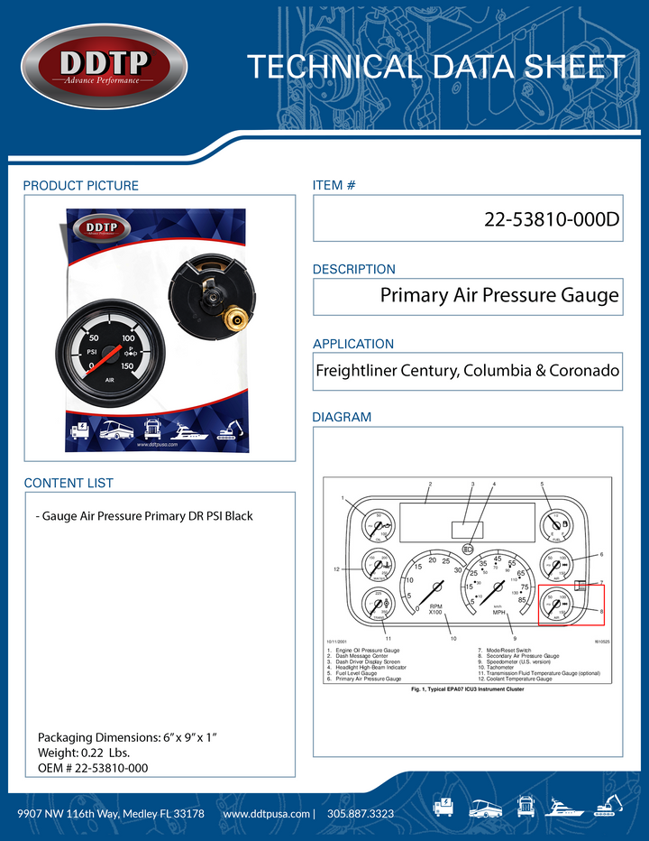 Gauge Air Pressure Secondary DR PSI Black Freightliner Century, Columbia & Coronado