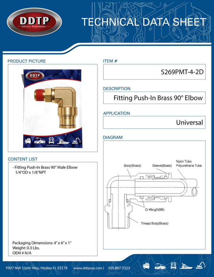 Codo macho de latón de 90° con conexión a presión, 1/4" de diámetro exterior x 1/8" NPT