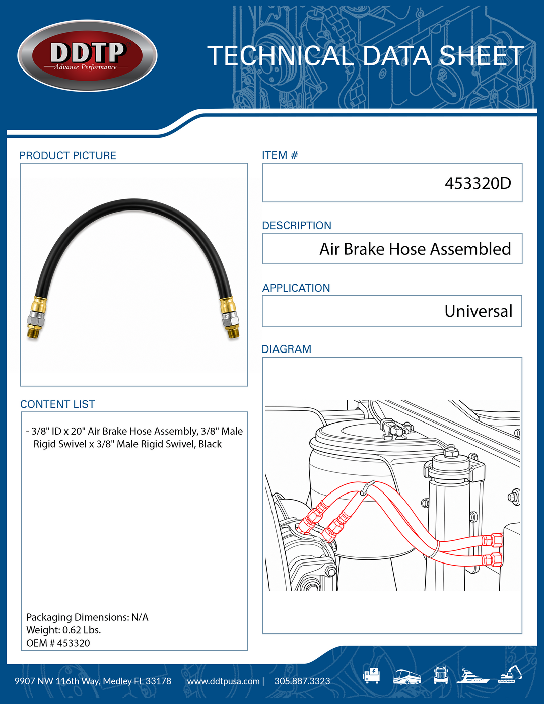 3/8" ID x 20" Air Brake Hose Assembly, 3/8" Male Rigid Swivel x 3/8" Male Rigid Swivel, Black