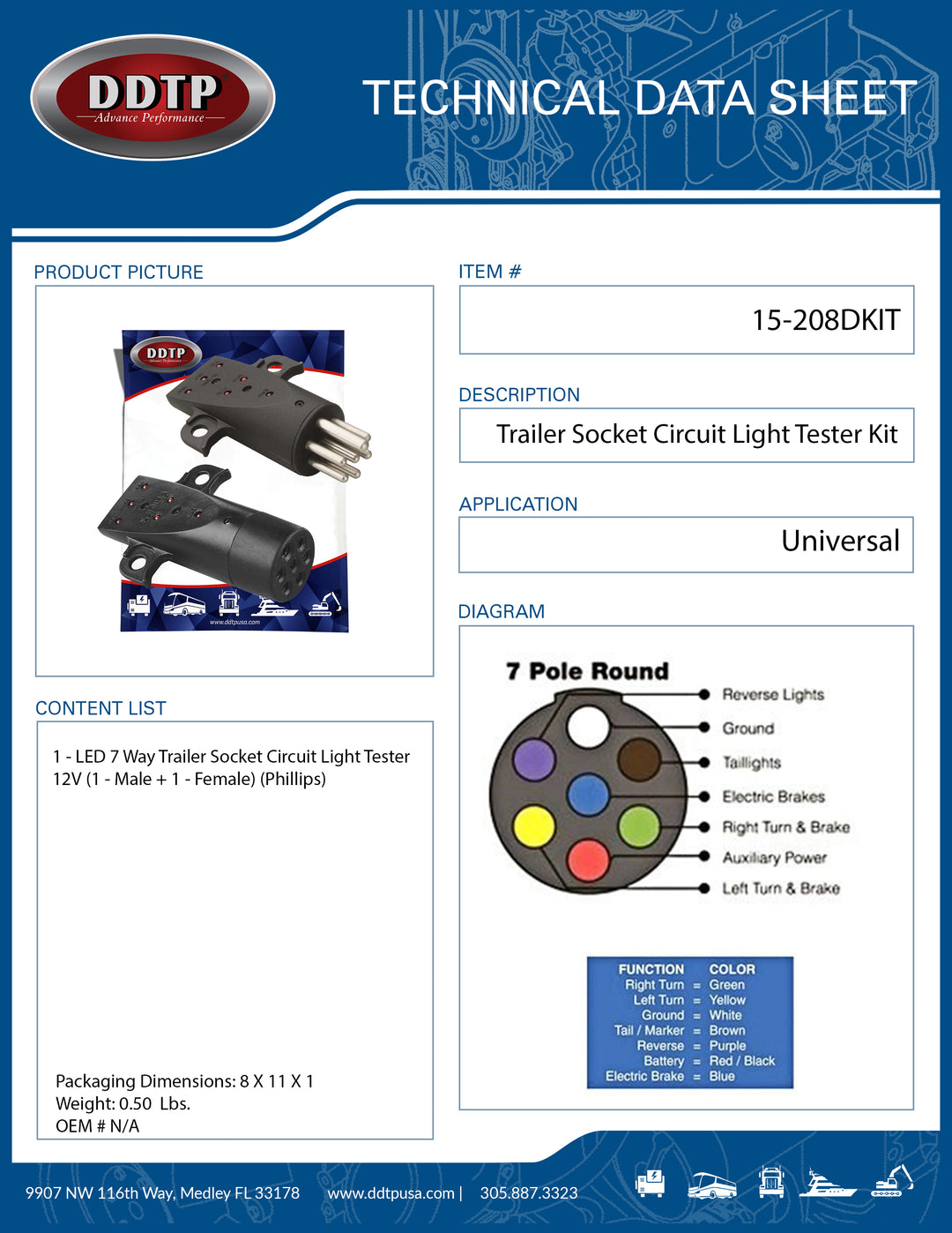 LED 7 Way Trailer Socket Circuit Light Tester 12V  1 - Male + 1 - Female Phillips ( 15-208DKIT )