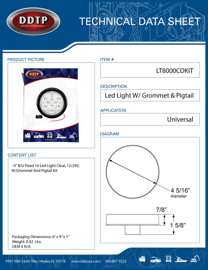 4" Fixed Bulb (10 Led, Clear Light, 12/24V) W/Grommet And Pigtail Kit