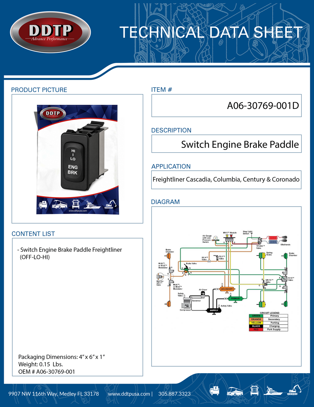 Freightliner Engine Retarder (Engine Brake/Jake Brake) paddle switch with Low – Off – High positions