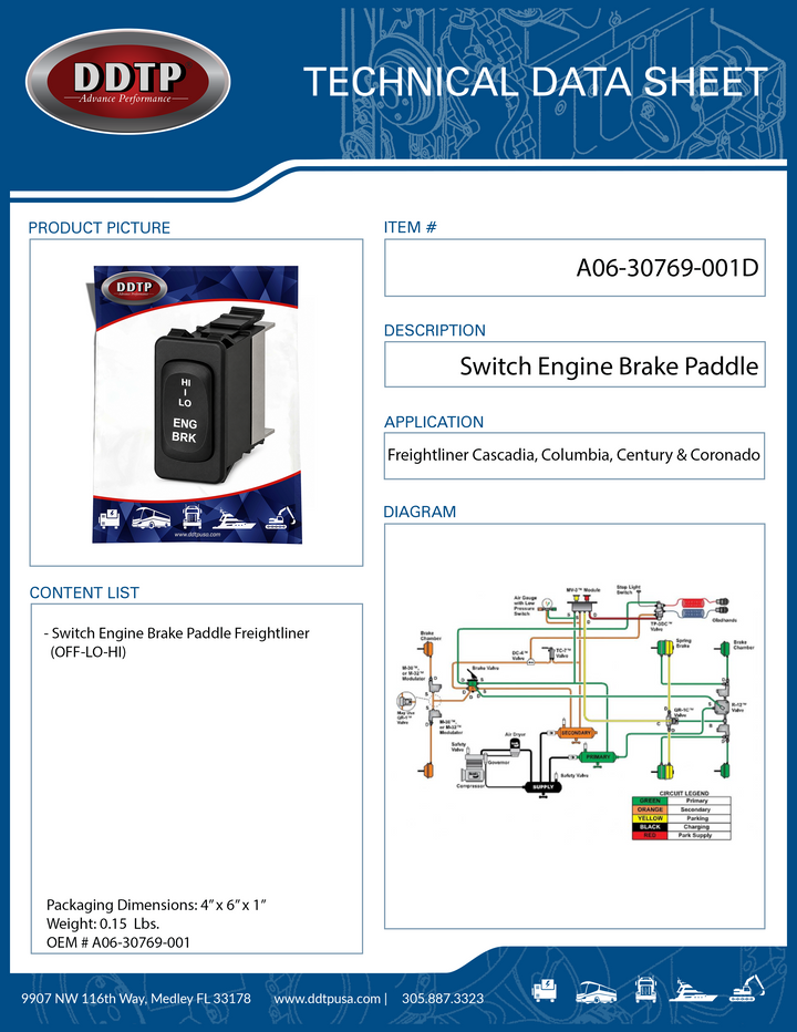 Freightliner Engine Retarder (Engine Brake/Jake Brake) paddle switch with Low – Off – High positions