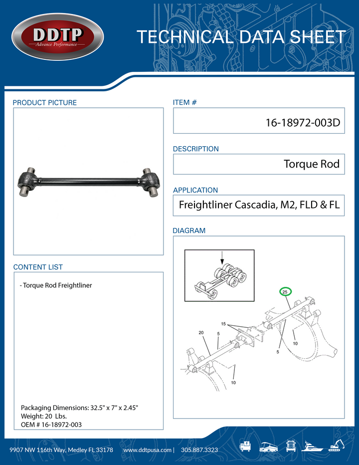 Torque Rod Freightliner Cascadia, M2, FLD & FL Series