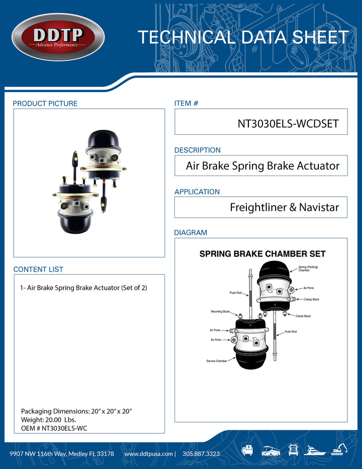 Set of 2 T30/30 Long-Stroke Air Brake Actuators | S-Cam Spring Brake Chambers (NT3030ELS-WC)