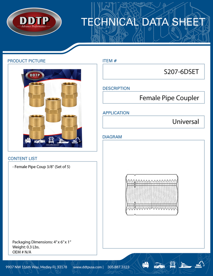 Acoplamiento hembra para tubería de 3/8" (juego de 5)