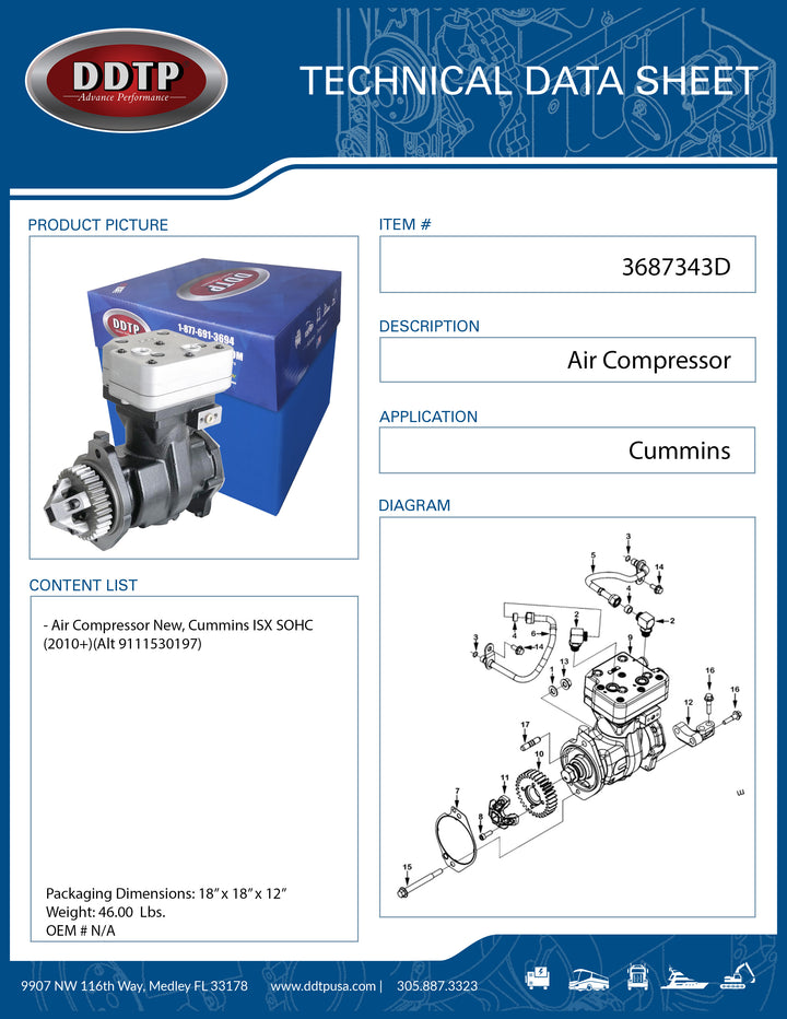 Air Compressor New, Cummins ISX SOHC (2010+)(Alt 9111530197)