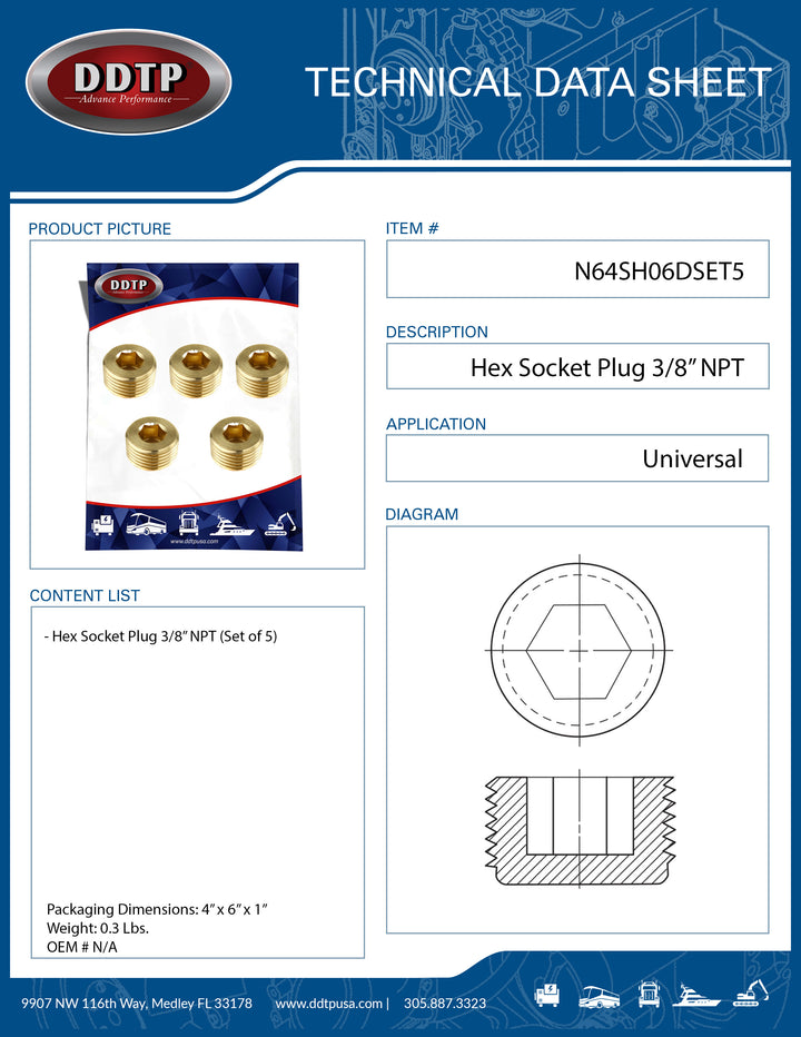 Hex Socket Plug 3/8"NPT (Set of 5)