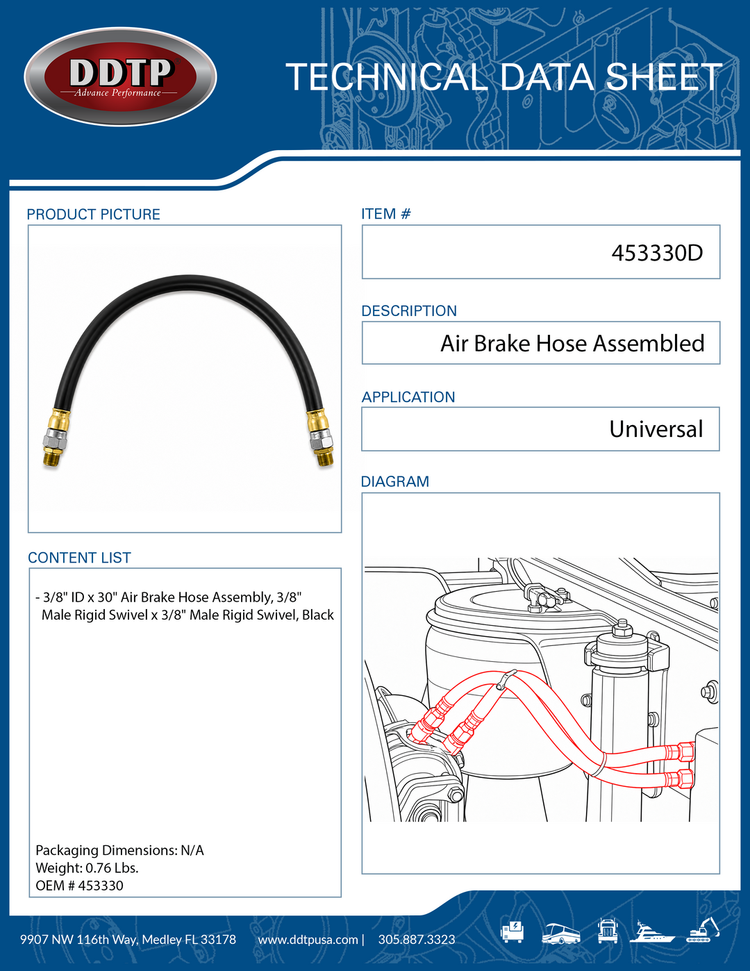 3/8" ID x 30" Air Brake Hose Assembly, 3/8" Male Rigid Swivel x 3/8" Male Rigid Swivel, Black
