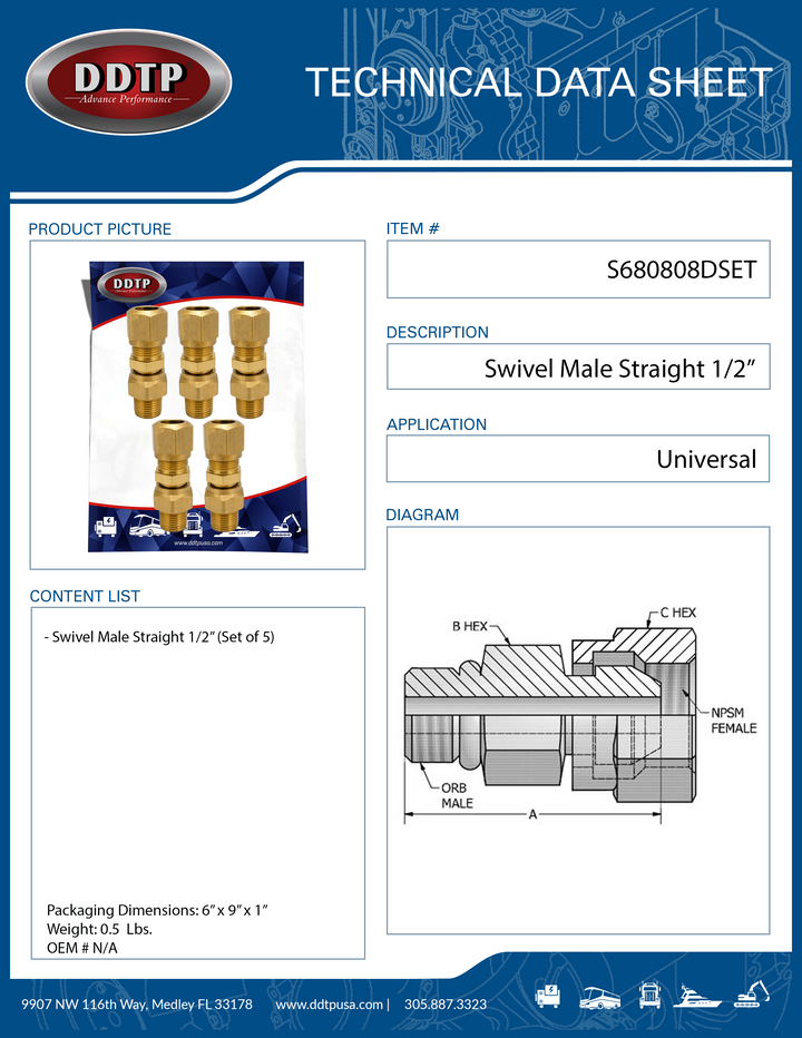 Brass Straight Male Swivel Fitting 1/2" (Set of 5)