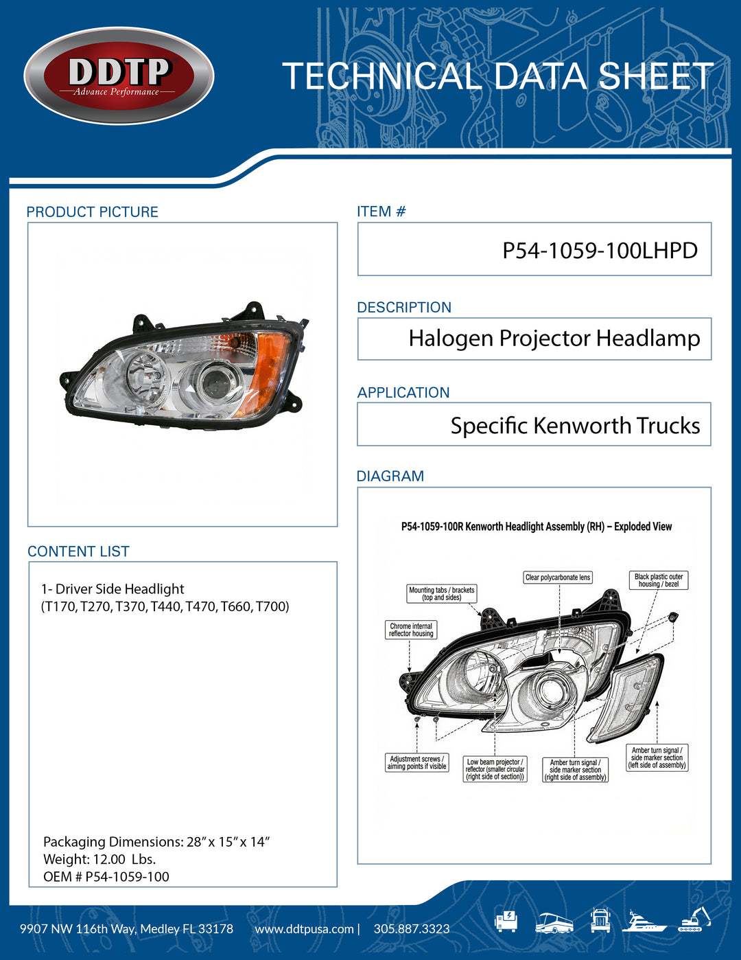 Kenworth T680 Driver Side Headlight Assembly | Left Hand Headlamp (P54-1059-100)