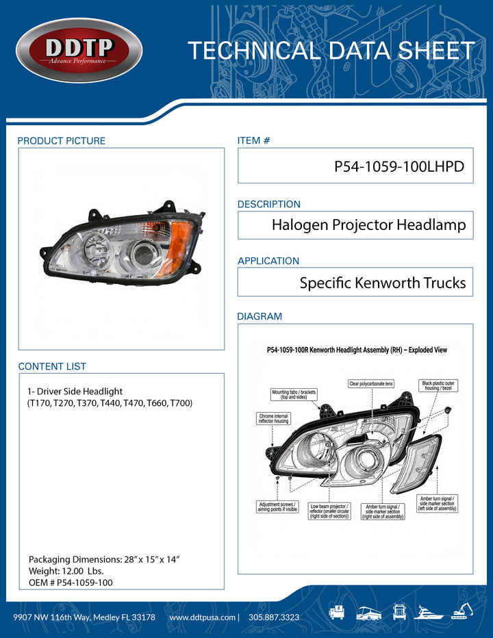 Kenworth T680 Driver Side Headlight Assembly | Left Hand Headlamp (P54-1059-100)