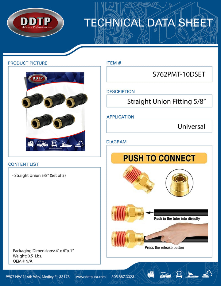 Black Push-In Tube Union Fitting 5/8"OD (Set of 5)