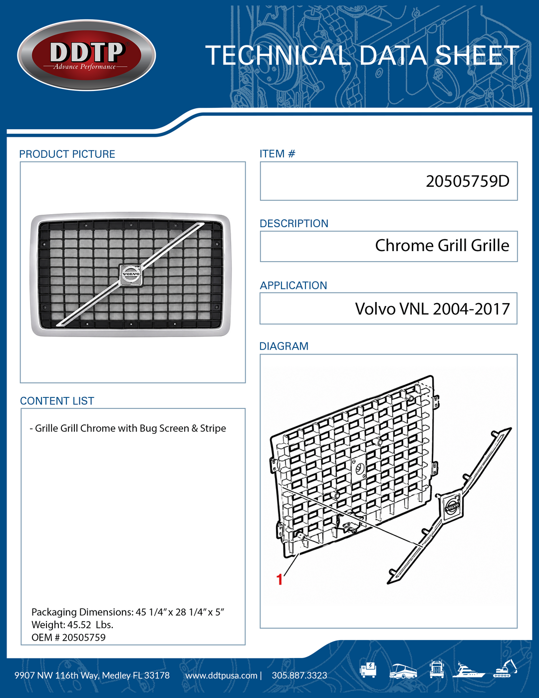 Parrilla cromada con mosquitera y franja para Volvo VNL 2004-2017 (20505759)