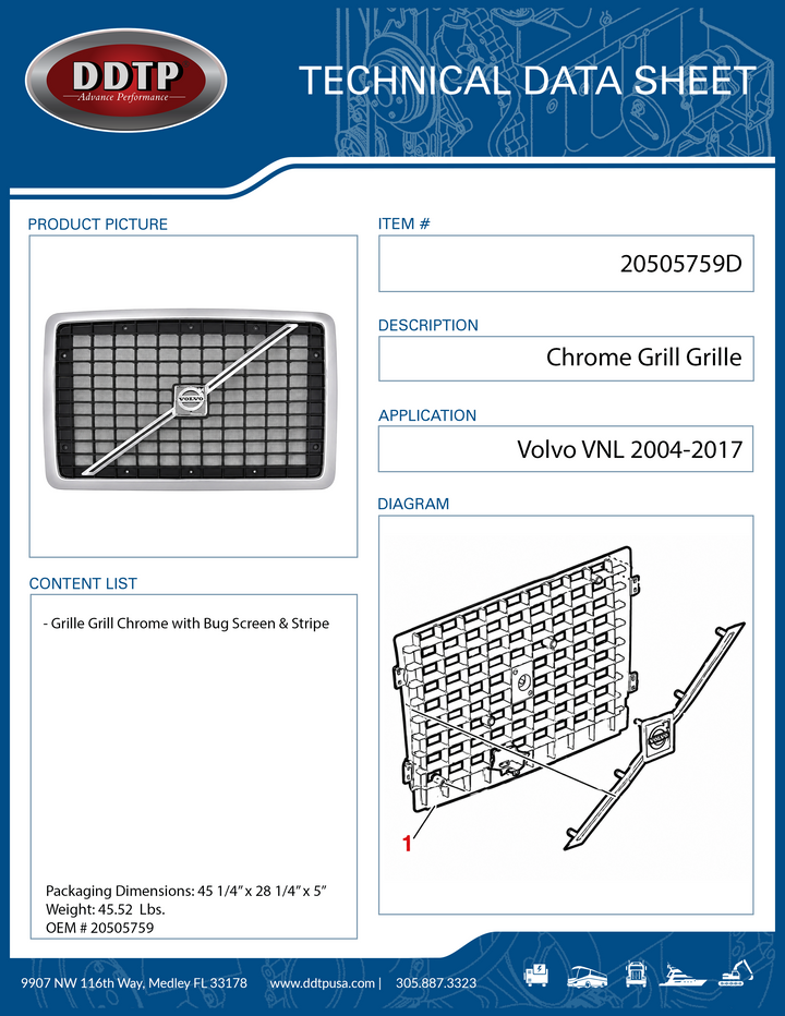 Parrilla cromada con mosquitera y franja para Volvo VNL 2004-2017 (20505759)