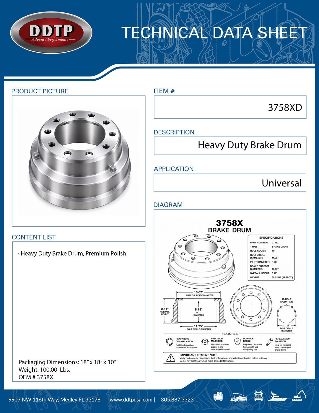 Heavy Duty Brake Drum | Commercial Truck Brake Drum Replacement | Precision Machined | 10-Hole Mounting