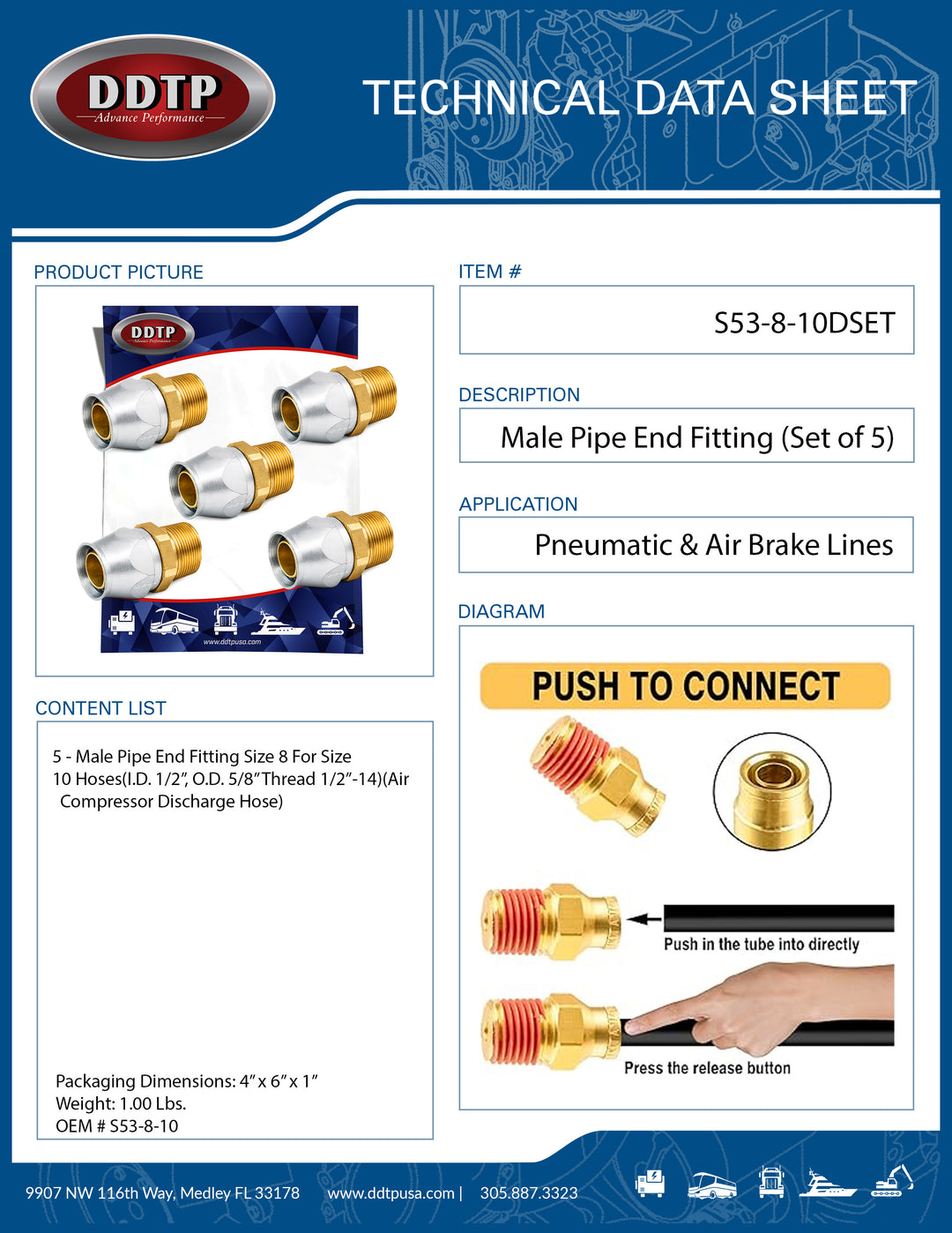 Male Pipe End Fitting (Size 8 For Size 10 Hose) (Set of 5)