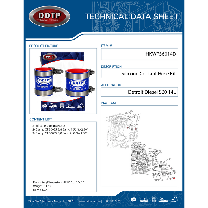 Kit de mangueras de refrigerante de silicona y abrazaderas CT para bomba de agua Detroit Diesel Serie 60 de 14 l