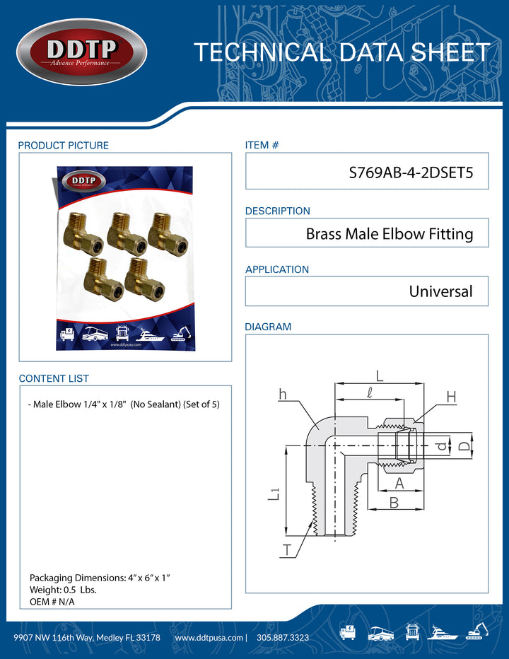 Codo macho de latón de 1/4" x 1/8" (sin sellador) (juego de 5)