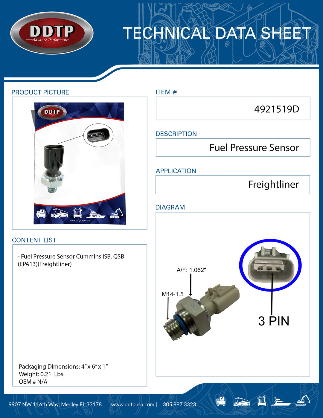 Fuel Pressure Sensor Cummins ISB, QSB (EPA13)(Freightliner)