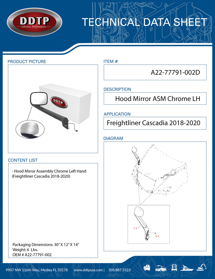 Chrome Hood Mirror Left Hand Freightliner Cascadia 2018-2020