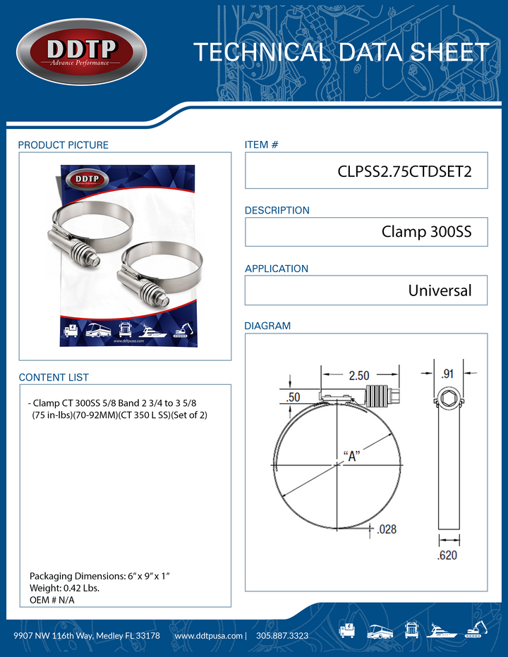 Clamp CT 300SS 5/8 Band 2 3/4 to 3 5/8 (75 in-lbs)(70-92MM)(CT 350 L SS)(Set of 2)