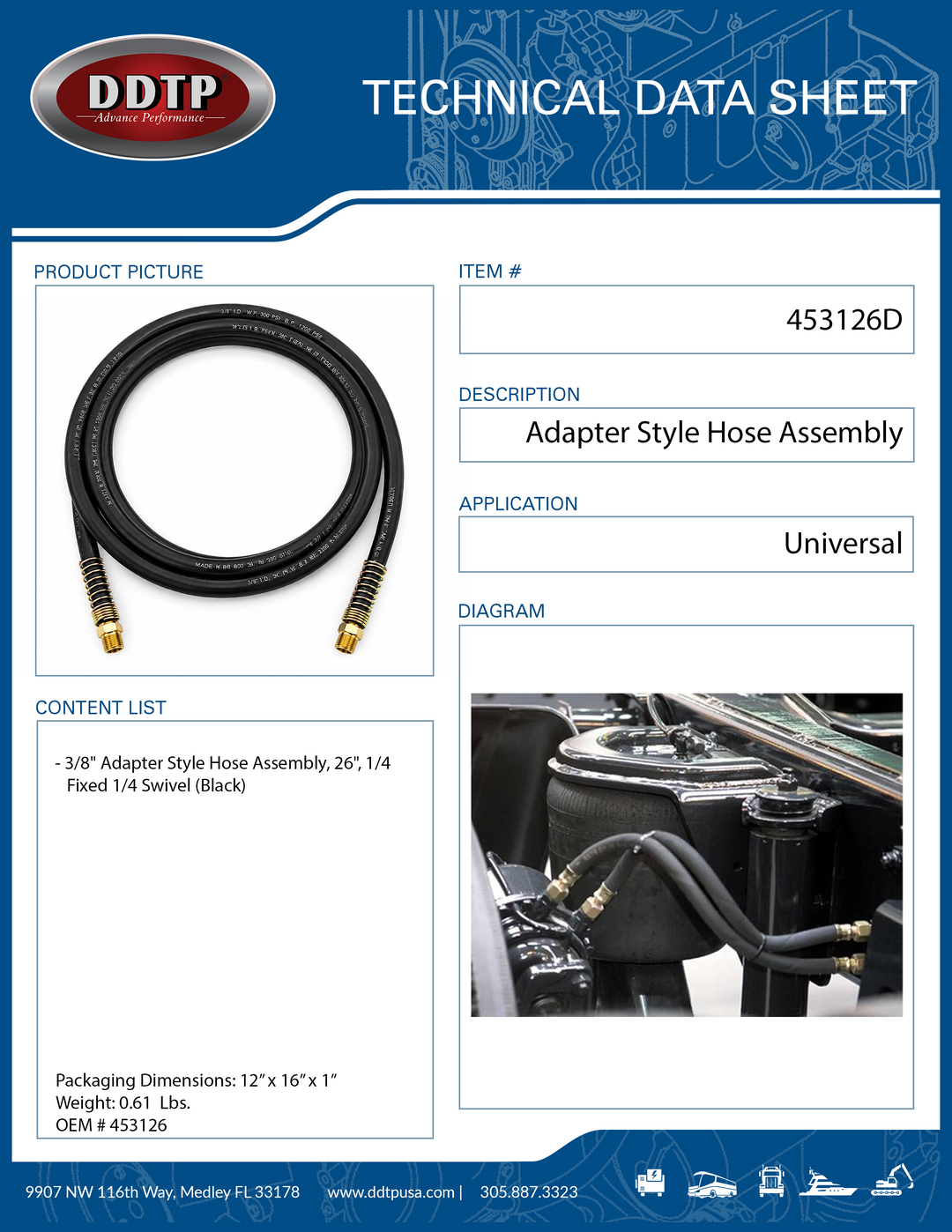 3/8" Adapter Style Hose Assembly, 26", 1/4" Fixed 1/4" Swivel (Black)