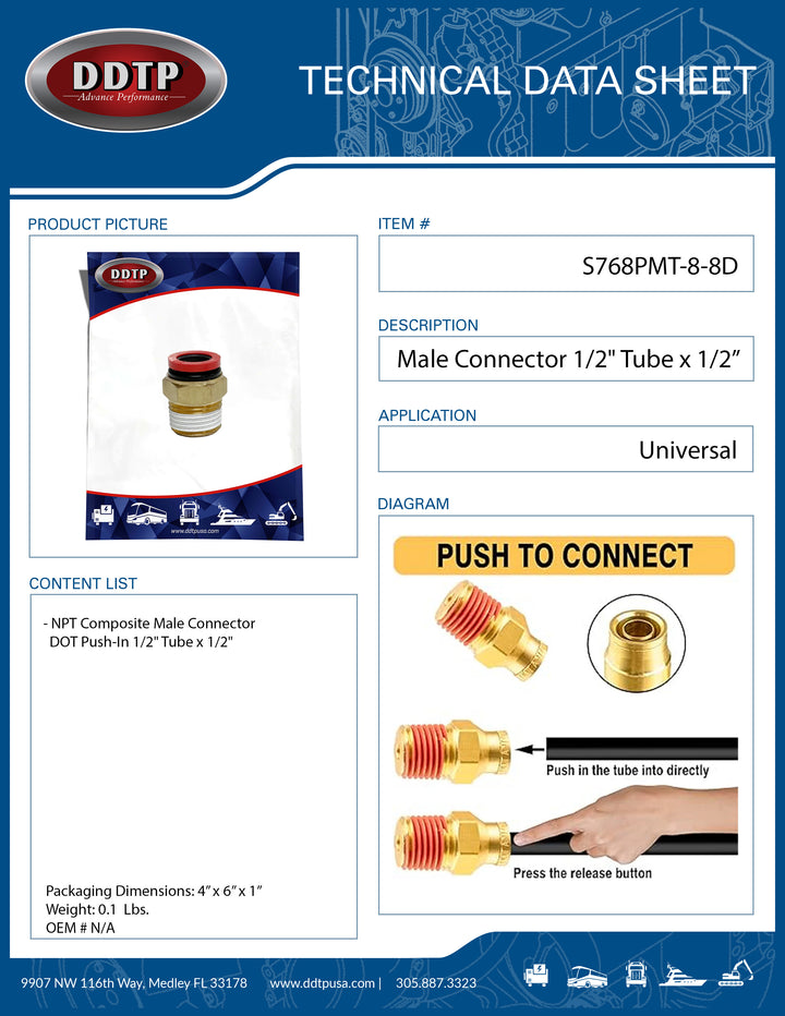 NPT Composite Male Connector DOT Push In 1/2" Tube x 1/2"