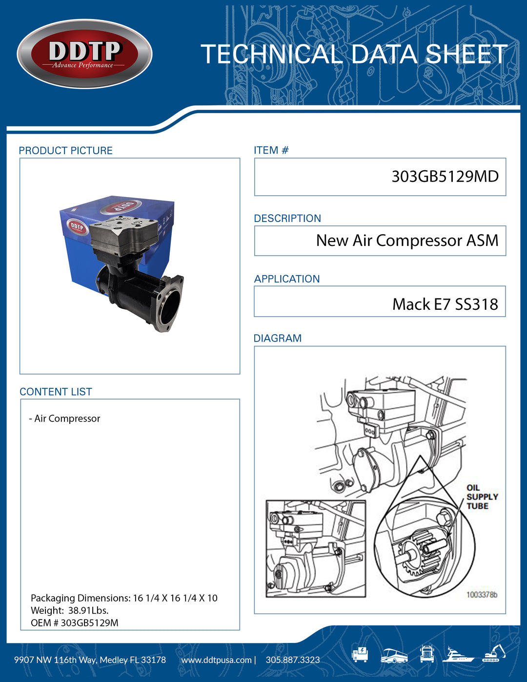 New Mack Air Compressor (303GB5129AM, S9111530550X, 303GB5129M)