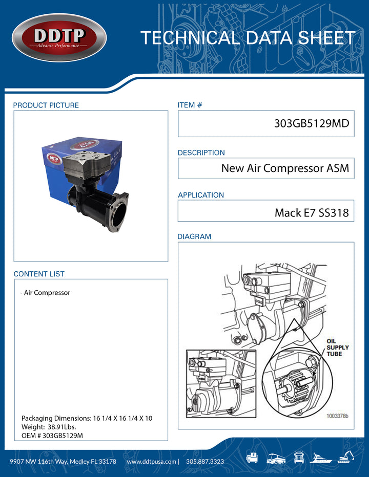 New Mack Air Compressor (303GB5129AM, S9111530550X, 303GB5129M)