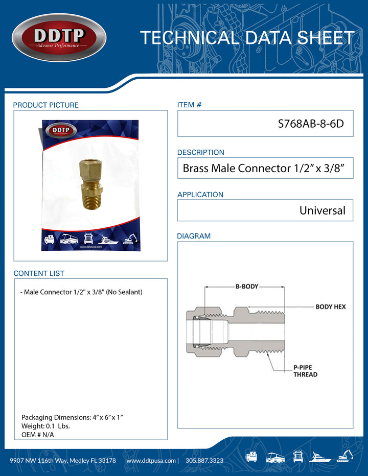 Brass Male Connector 1/2" x 3/8" (No Sealant)