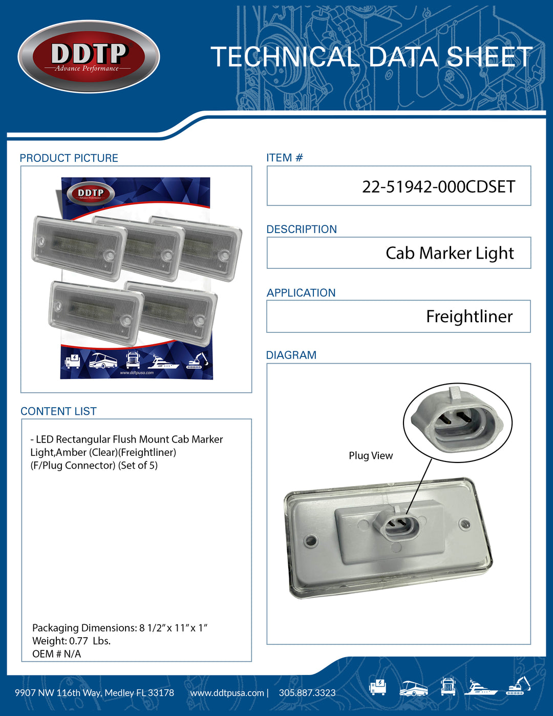 Clear LED Cab Marker Light, Rectangular Flush Mount (Female Plug Connector)(Freightliner) (Set of 5)