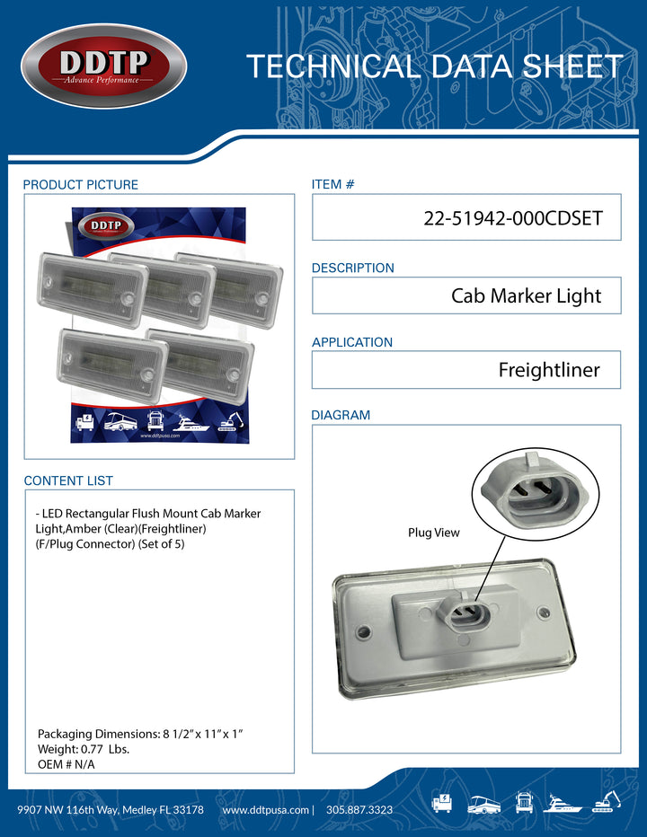 Clear LED Cab Marker Light, Rectangular Flush Mount (Female Plug Connector)(Freightliner) (Set of 5)