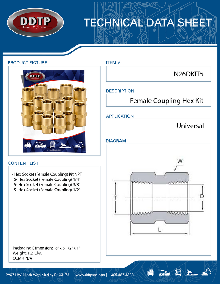 Kit de acoplamiento hembra hexagonal (5 - 1/4" + 5 - 3/8" + 5 - 1/2") NPT