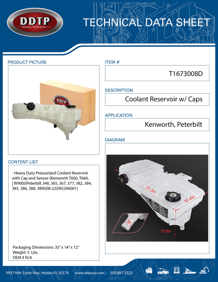 Depósito de refrigerante presurizado de alta resistencia con tapa y sensor (Kenworth T600, T660, W900) (Peterbilt 348, 365, 367, 377, 382, 384, 385, 386, 388, 389) (08-22)