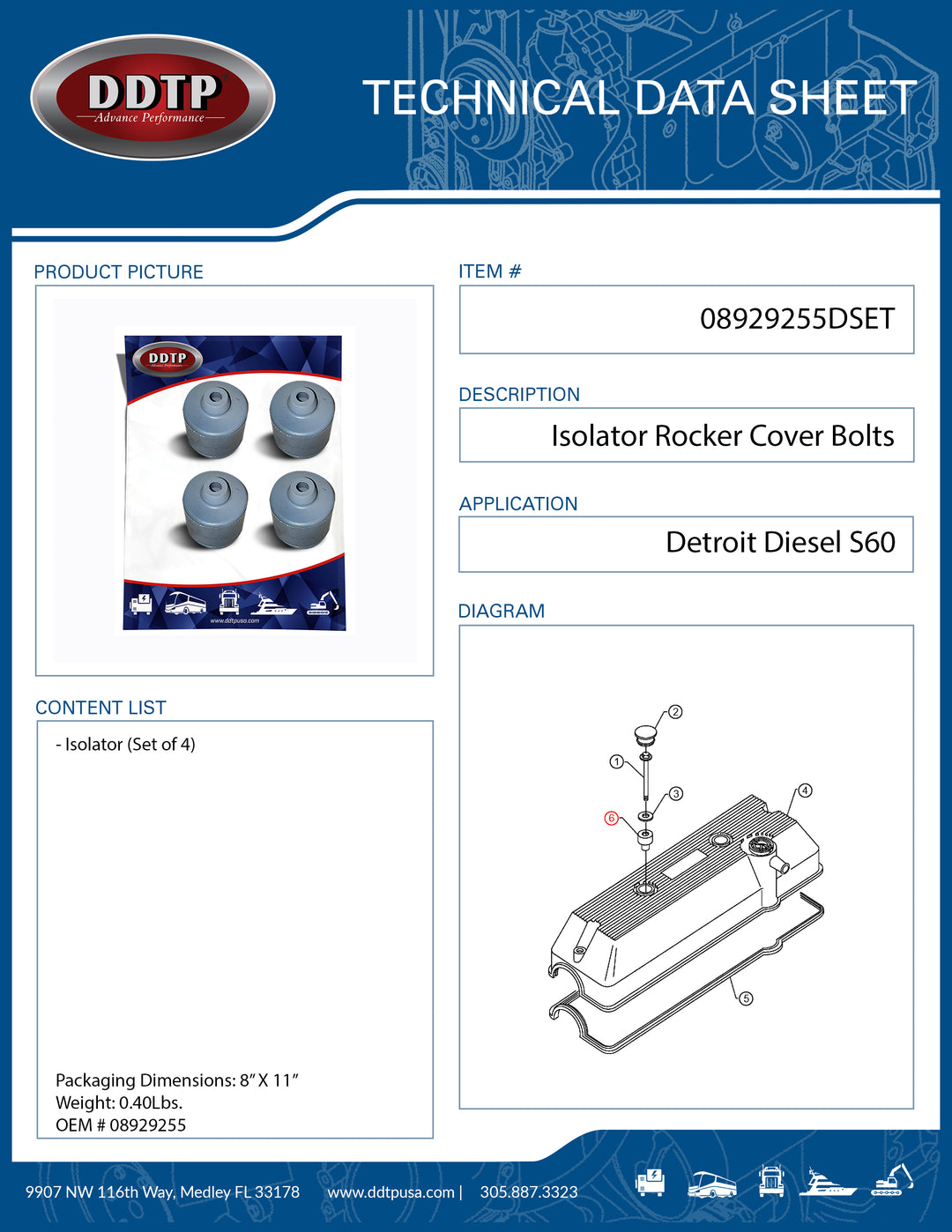 Set of 4 Isolator Rocker Cover Bolt S60 12.7L Non EGR (08929255)