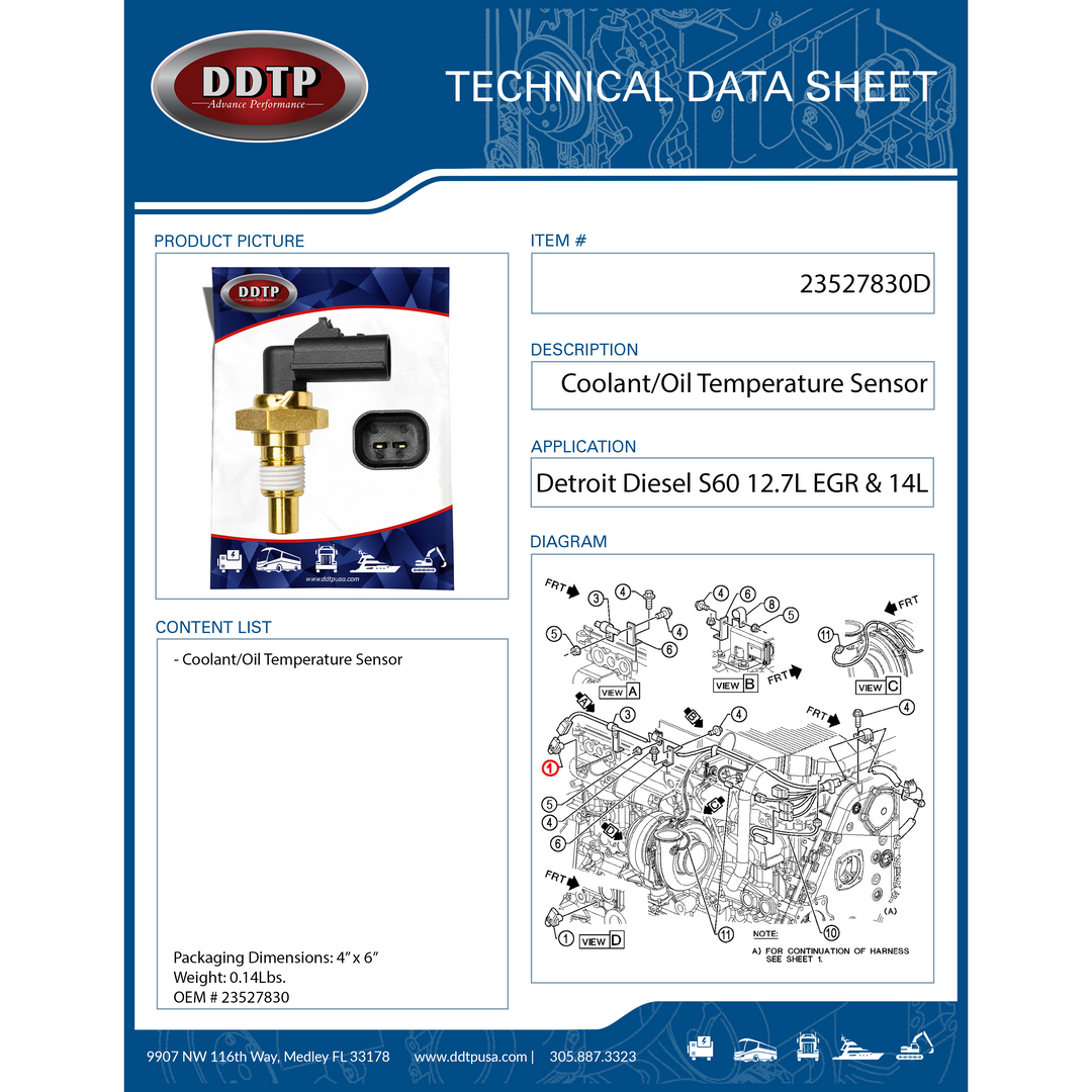 Engine Coolant/Oil Temperature Sensor Detroit Diesel S60 12.7L EGR & 14L